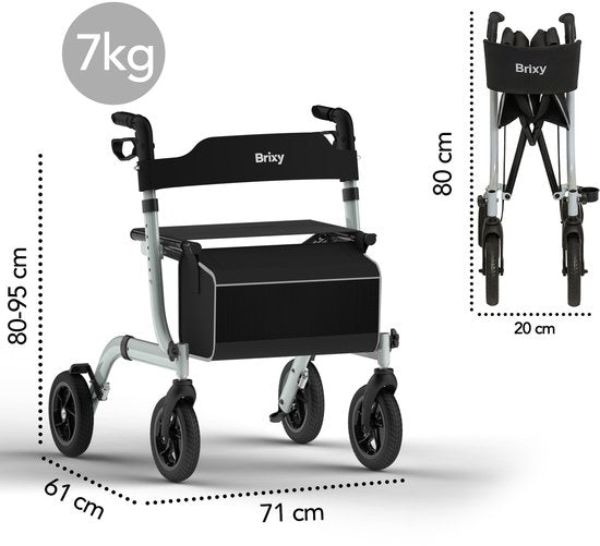 Brixy Rollator - Lichtgewicht En Opvouwbaar - Zitfunctie - Rugleuning, Tas En Wandelstokhouder - Grijs