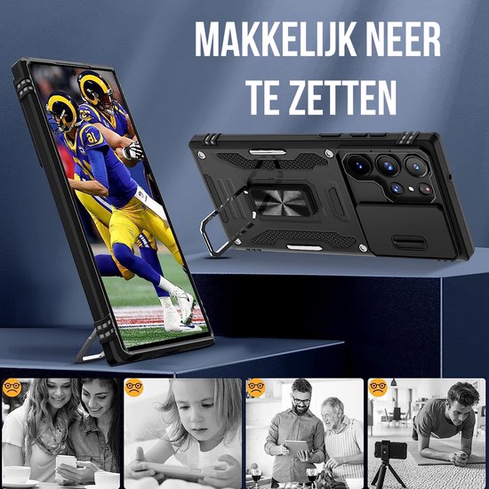 Podec Hoesje met Screenprotector - Geschikt voor Samsung Galaxy S23 Ultra - Zwart Telefoonhoesje - Anti-Shock Case - Hybrid Armor Hoes met Kickstand Ring