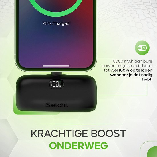 iSetchi Mini Powerbank 5000 mah - Compact formaat - Externe Batterij - Geïntegreerde Kabel - Noodpakket - Lightning Kabel - LED-Display - Geschikt voor iPhone - Zwart