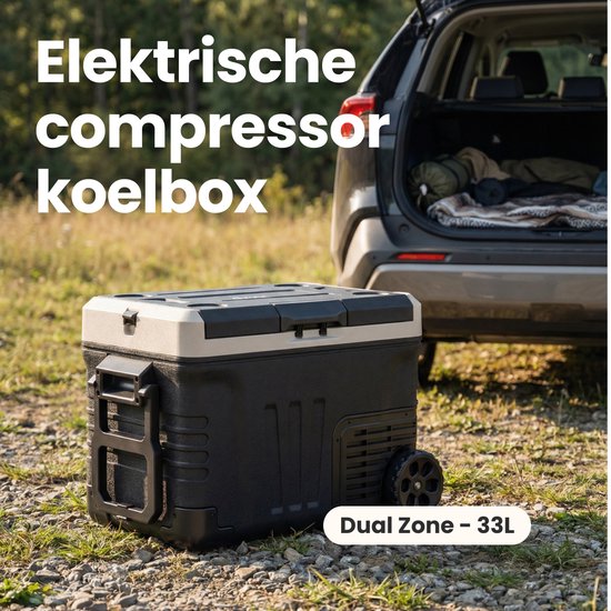Auronic Elektrische Koelbox - Compressor - 2 Zones - 33L - 12/24V en 240V - Koelen en Vriezen - Camping Koelkast - Frigobox Auto - Met Wielen en Hendel - Zwart