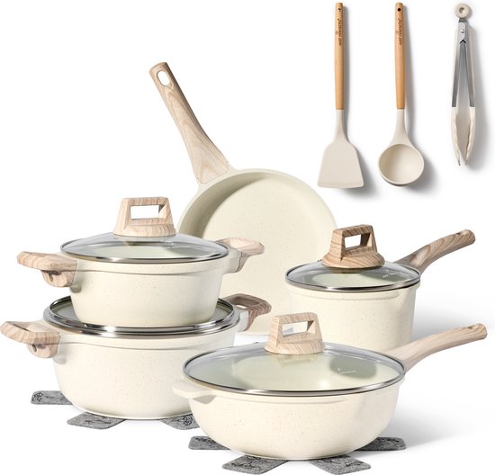 Just Perfecto 14 Delige Pannenset Inductie - Beige Pannenset Met Deksel Voor Gas en Inductie - PFAS vrij - Koudgrepen