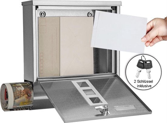 Monzana Design Brievenbus RVS – Krantenvak & 2 Sleutels - Zilver