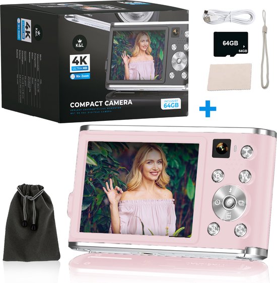 K&L Digitale Camera 4K - Fototoestel - Fotocamera - Compact Camera - Vlog Camera - Voor Kinderen - Inclusief 64GB - NL Software - Roze