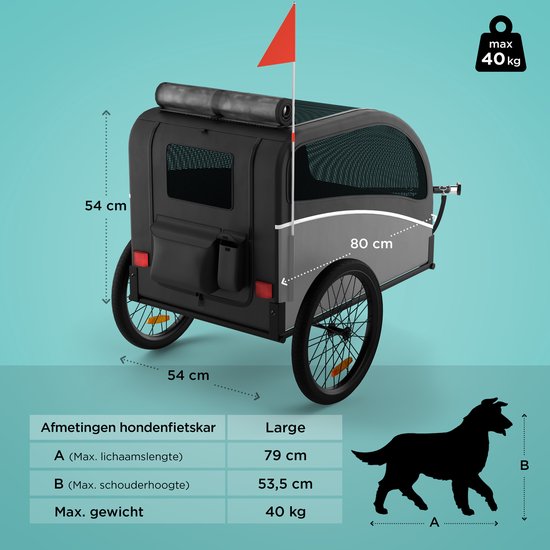 Trevopet® Hondenfietskar - Opvouwbare Fietskar Hond - Hondenkar - Geschikt voor E-Bikes - Tot 40 kg - Voor Middelgrote & Grote Honden - Zwart