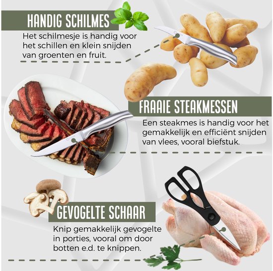 COOCK - Messenset met Blok en Vouwbare Snijplank - Keukenmessen met Schaar en Aanzetstaal (Messenslijper) - 17-Delige Keukengerei set in Messenblok – Met Krasbestendige Coating - Full RVS