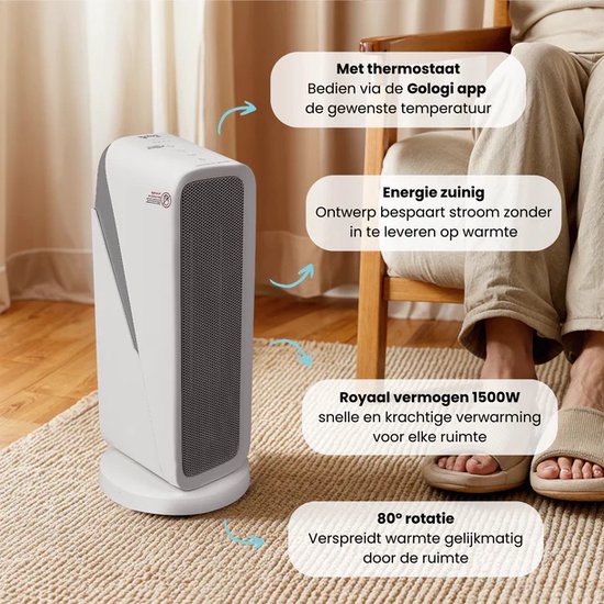 Gologi Ventilatorkachel met Thermostaat - Kachel Elektrisch - Verwarming - Heater - Met app en Touch Bediening - 1500W