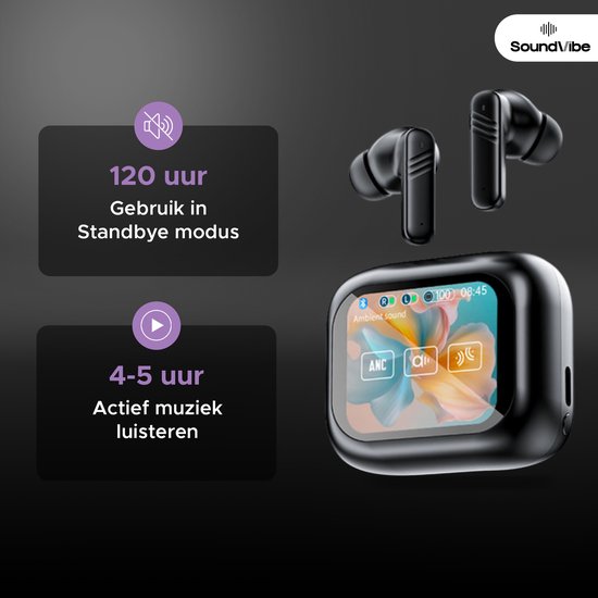 SoundVibe® - Earbuds Draadloos Met Noice Cancelling - Zwart - Bluetooth Oordopjes - Noice Cancelling Hoofdtelefoon - LX-10 Earpods met Scherm - Werkt Met Apple En Android - Earpods USB C - Wireless Earphons - Oortjes Draadloos