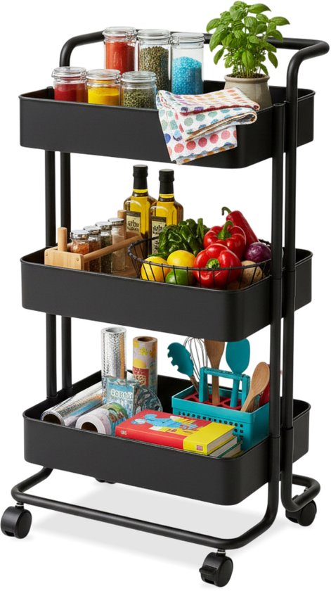 Keuken trolley op Wieltjes - 3 laags - Keukenrek - Serveerwagen - Kastje - Karretje - Opberg - Douche kastjes staand - Rekje - Zwart - Luft
