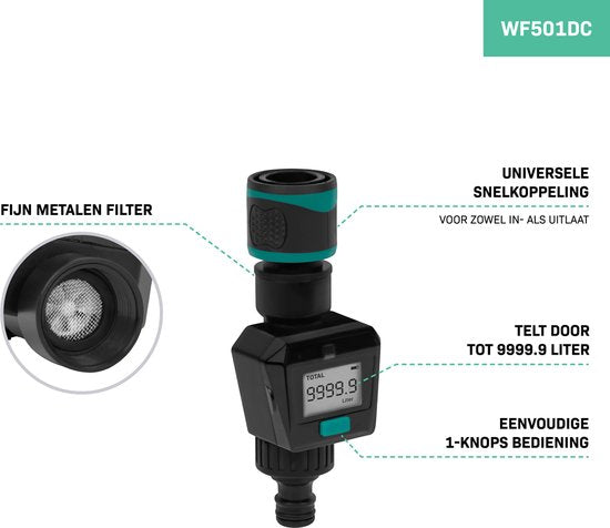 VONROC Watermeter – Digitaal - Incl. Slangkoppelingen en batterij