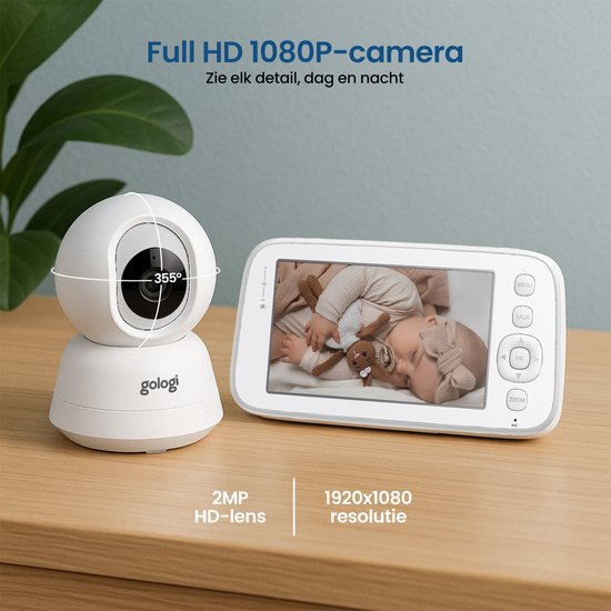 Gologi Babyfoon met Camera – Baby Monitor – Baby Camera - Op afstand bestuurbaar via App en Scherm - Wit