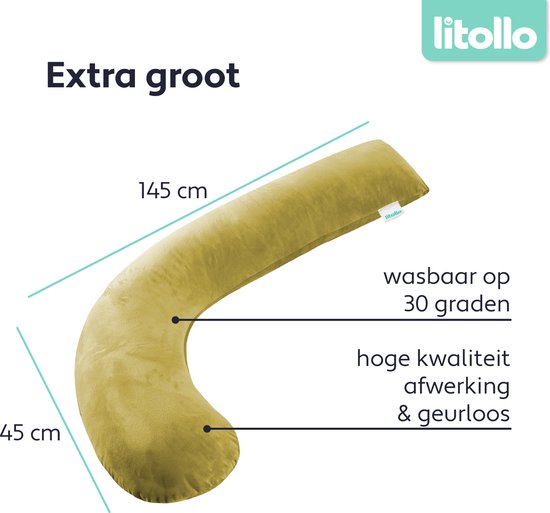Litollo® Zwangerschapskussen (J-vorm) - Voedingskussen - Lichaamskussen - Zijslaapkussen - Body pillow - Zachte fleece hoes XXL 145cm - Okergeel