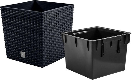 Prosperplast Bloempot/plantenpot Rato - rotan look - met binnenpot - antraciet - 32 x 32 x 33 cm - kunststof