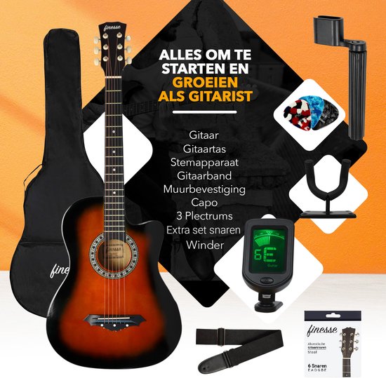 Finesse Akoestische Gitaar - met Videocursus - Western Gitaar - Gitaar Kind & Volwassenen - Sunburst