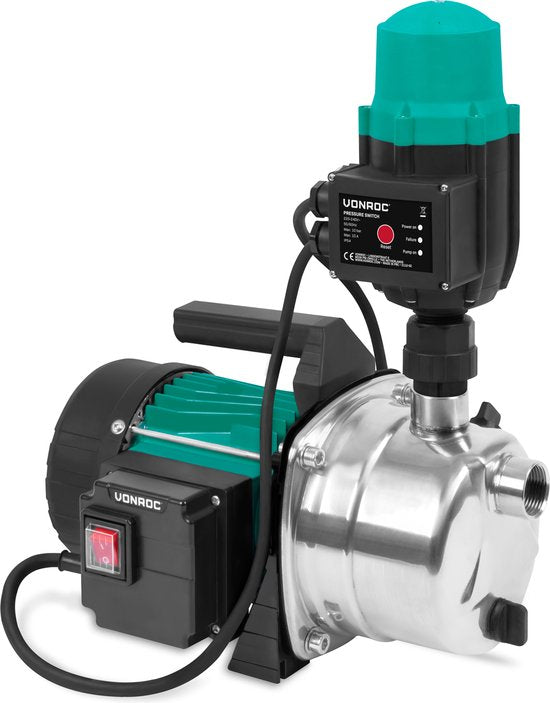 VONROC Hydrofoorpomp – Automatische Waterpomp – 1000W & 3500 l/u – Droogloopbeveiliging – 44 x 22 x 30 cm – Zwart/RVS