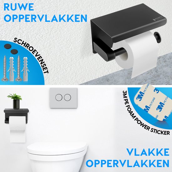Happy Goods WC Rolhouder met Plankje - Zelfklevend / Boren - Toiletrolhouder Zwart zonder Boren - RVS - Incl. Schroeven