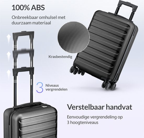 Nohrd Handbagage Koffer - Zwart - Reiskoffer met Wielen - 55x35x20 cm - Handbagage Trolley Lichtgewicht - Reiskoffers - Trolley op Wieltjes - Koffers