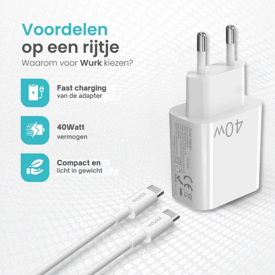 Wurk - Super Snellader Geschikt voor Apple iPhone, iPad & Airpods - 40W Oplader - 2 Meter USB C Kabel - Lader Geschikt voor 15/16 plus/pro