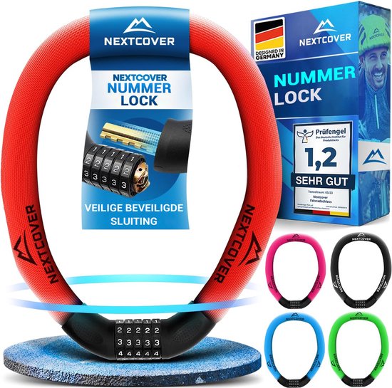 NEXTCOVER® Cijferslot Fietsslot - Het origineel - [SAFESECURE] Hoge veiligheid - Fietssloten met 5-cijferige cijfercode, cijferslot fiets staal - Fietsslot perfect voor e-bike - Kettingslot Rood
