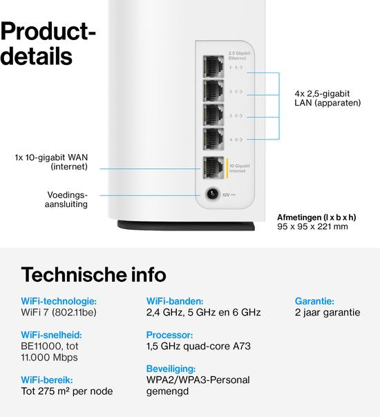 Linksys Velop Pro 7 10G - Mesh WiFi - Tri-Band - WiFi 7 Router - 11000 Mbps - 1-Pack - Wit