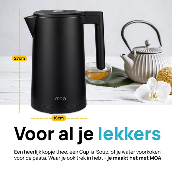 MOA Waterkoker met Temperatuurregeling - 1,7 Liter - Dubbelwandig - Warmhoudfunctie - Elektrische Waterkoker - 2200W - Zwart