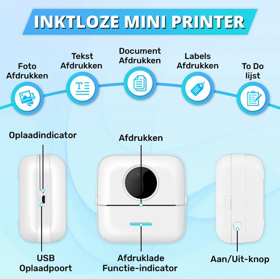 Mini Printer voor Mobiel - Incl. 6 Papierrollen, 5 Stickerrollen, 3 Kleurrollen en Kleurpennen - Mobiele Pocket Printer - Zonder Inkt - Draadloos - Wit