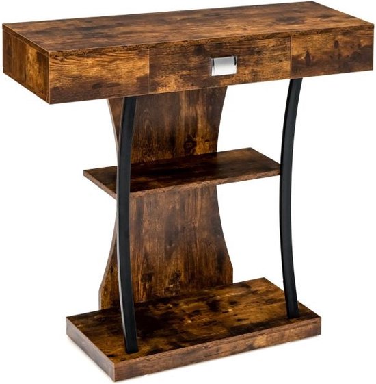 Coast Consoletafel – T-vormig – Met 2 Laden & 2 Planken – Rustiek Bruin – 91 x 30 x 88 cm