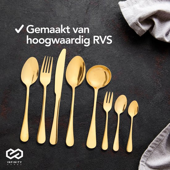Infinity Goods Bestekset - Goud - 39-Delig - 6 Persoons Bestek - Meerdere Gangen - Mes/Lepel/Vork - RVS - Goud
