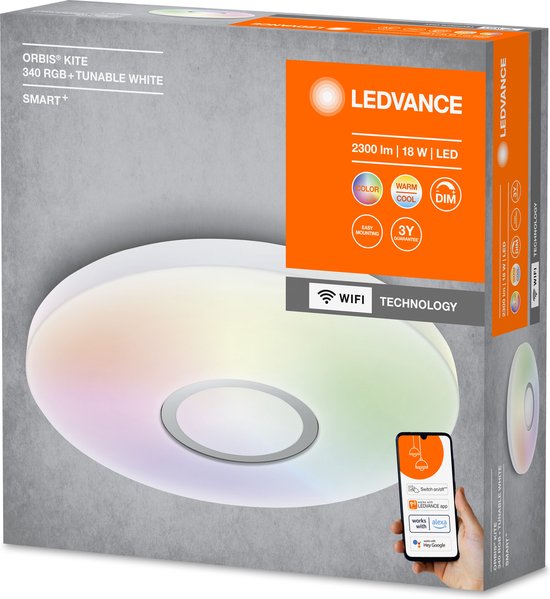 LEDVANCE Slimme led-wand- en plafondlamp voor binnen met wifi-technologie, lichtkleur veranderbaar (3-K-65-K), RGB-kleuren veranderbaar, wit, 34-mm, compatibel met Google en Alexa, SMART+ ORBIS KITE RGBW