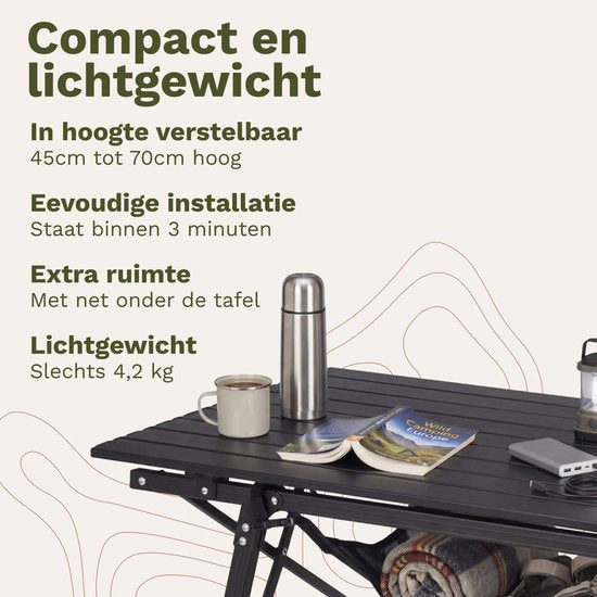 TRVLMORE Campingtafel Verstelbaar - 90x52x71cm - Inklapbare Tafel met Aluminium Frame - Lichtgewicht - Kampeertafel - Klaptafel - Zwart