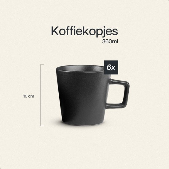 Deleca Koffiekopjes Set van 6 - Koffiemokken met Oor - Koffie Kopjes / Mok - Massief Aardewerk - Mat Zwart / 360 ml