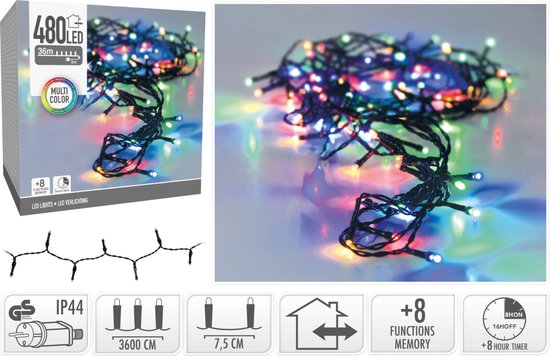 Kerstverlichting 480 led- 36m - multicolor - Timer - Lichtfuncties - Geheugen - Buiten -Binnen-IP44 stekker