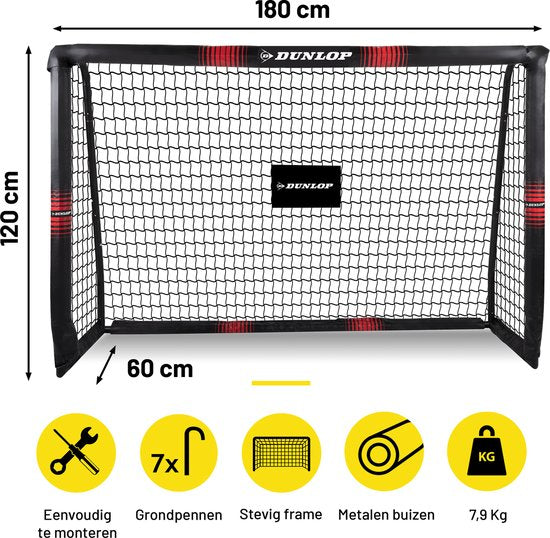 Dunlop Voetbaldoel - Voetbal Goal 180 x 120 x 60 cm - Voetbalgoal Groot - Buitenspeelgoed voor Kinderen en Volwassenen - Snelle Montage - Voetbal Training Doel - Metaal - Zwart/ Rood