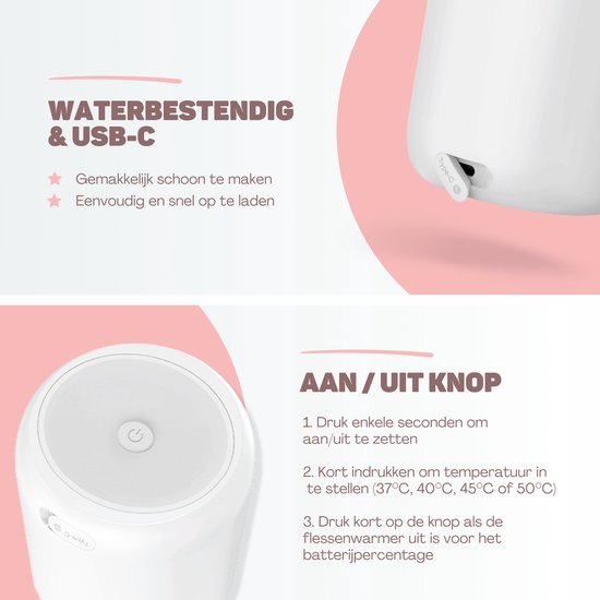 Vulpes Goods® BabyCare - Flessenwarmer Pro Max- Draagbare Baby Flessenwarmer voor Onderweg - Intelligente Flesverwarmer - 4 Temperatuurniveaus - Draadloos - Inclusief 6 Adapters - USB Oplaadbaar - 13.200 mAh - Wit