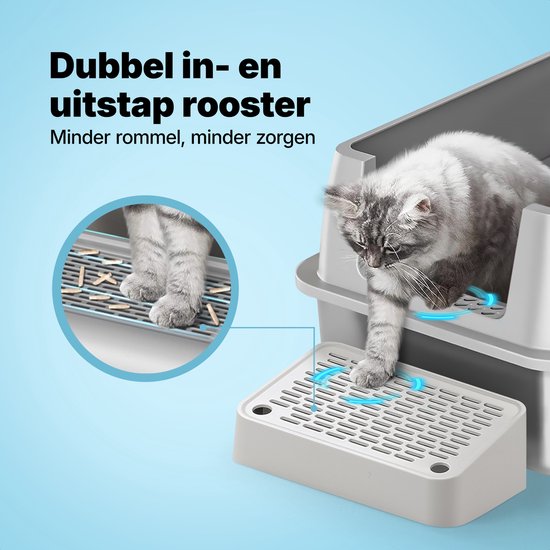 Jake and Jacky RVS Kattenbak Hop In - Kattentoilet Roestvrijstaal - Incl. Kattenbakschep met Houder en Gritopvang Opstapje - Top Entry - 3 in 1 Open Kattenbak met Afneembare Deksel - 60x40x38cm