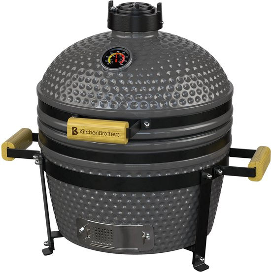 KitchenBrothers Kamado BBQ - 16 Inch Houtskool Barbecue - 34⌀ cm - PFAS-vrij - Deluxe Set - Egg BBQ met Accessoires - Grijs