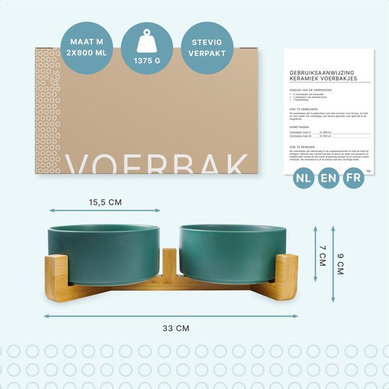 Voerbak Hond - Drinkbak - Met Bamboe Standaard - 2x 800 ml - Maat M - Groen Mat