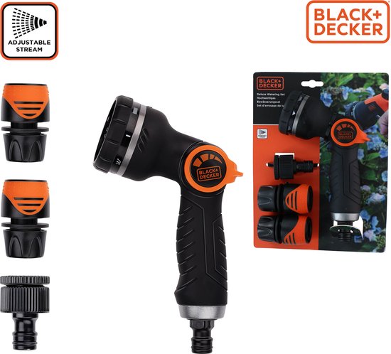 BLACK+DECKER Sproeikop met 3 Tuinslang Koppelingen - Aanpasbare Waterstroom - Kunststof - Zwart/Oranje