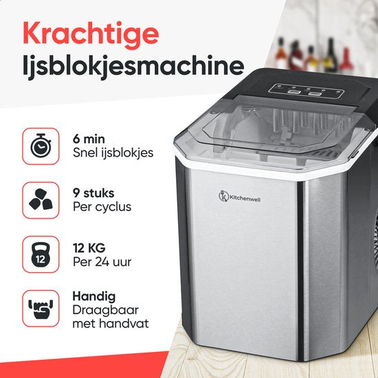 Kitchenwell IJsblokjesmachine - 1.3L - IJsblokjesmaker - IJsschep – 12kg/24 uur - Draagbaar - Zelfreinigingsfunctie - RVS