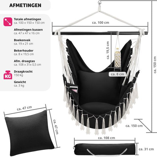 tectake® - Hangstoel Malika - extra dikke zit- en rugkussens, incl. draagtas en boekenvak - zwart