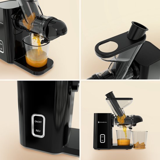 KitchenBrothers Slowjuicer - Mini Juicer - Groenten en Fruitpers - 40 mm en 50 mm invoer - 400 ml - Zwart