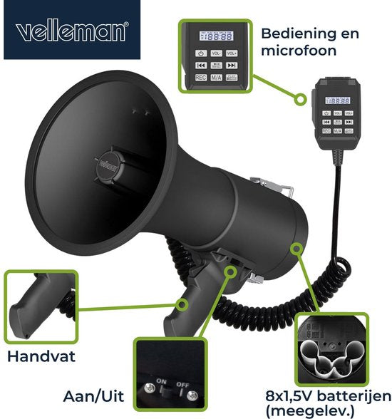 Velleman Megafoonset 50W met sirene, inclusief batterijen, 700s opname, volumeregeling, Bluetooth, USB, handmicrofoon, 1200m bereik, 120dB, draagbaar ABS design, mat zwart
