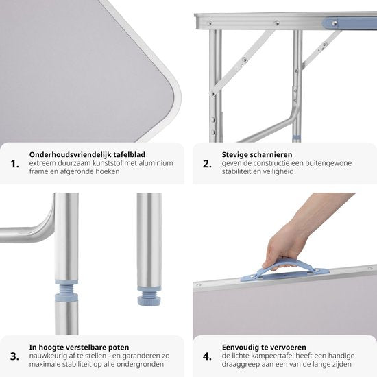 tectake® - Campingtafel opvouwbaar - Draagbare kampeertafel - Vouwtafel buiten - Inklapbare tafel - Weerbestendig - 75x55x68cm - Grijs