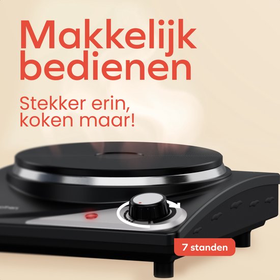KitchenBrothers Elektrische Kookplaat - 1 Pits - Vrijstaand - 7 temperatuurstanden - 1500W - Zwart