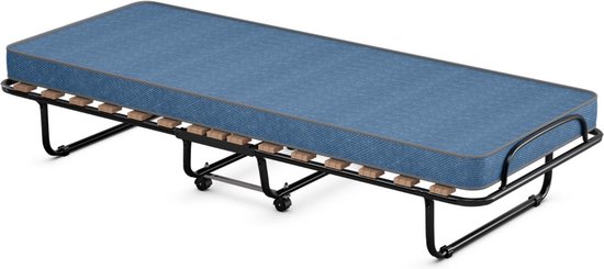 Coast Logeerbed – Met Traagschuim Matras – Inklapbaar – Metalen Frame met Wielen – 190 x 80 x 33 cm – Zwart/Blau