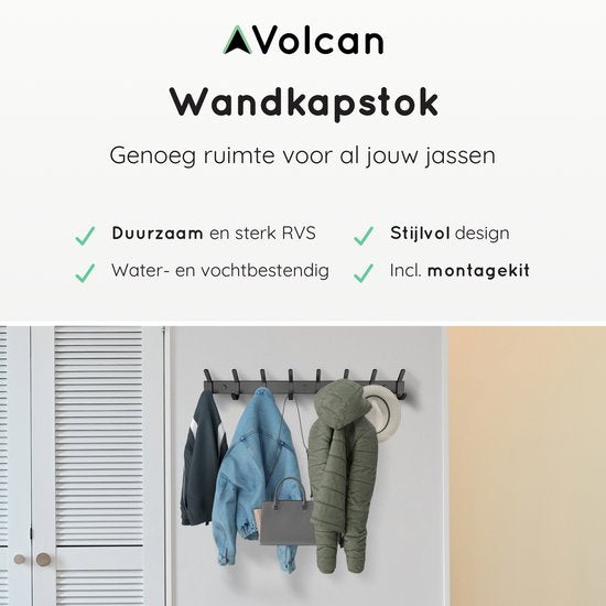Volcan Wandkapstok - 16 Haken - RVS - Muur Kapstok Hangend - Industrieel - 3M Tape - Zwart