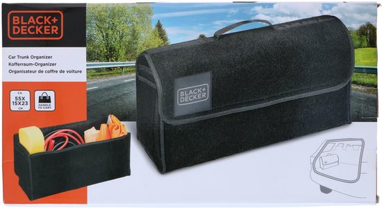 BLACK+DECKER - Kofferbak Organizer - Kofferbak Tas - 55 x 15 x 23 CM - 1 Groot Vak en 2 Insteekvakken - Boodschappen en Auto Accessoires - Met Klittenband - Zwart
