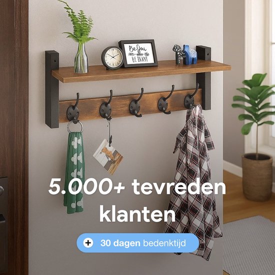 Wand kapstok met plank - 10 haken - Hangend - Kapstokken - Kleer - Kleding - Hangers - Vintage - Muur - Industrieel - Hout - Garde robe - Zwart - Luft