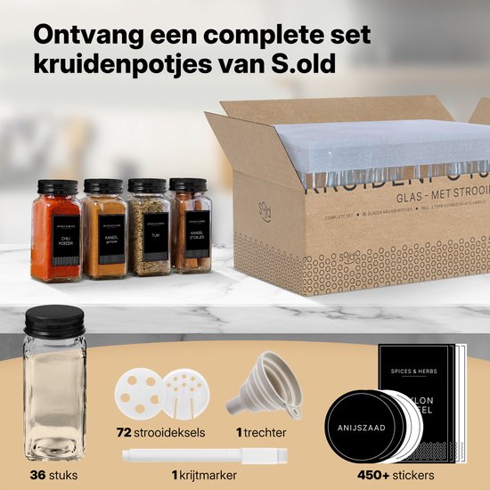 S.oud 36 Glazen Kruidenpotjes Vierkant met Deksel en Stickers - Kruidenstrooier - Kruidenglasjes - Complete set met 2 Soorten Strooideksels, Voorbedrukte Stickers en Trechter - 120 mL