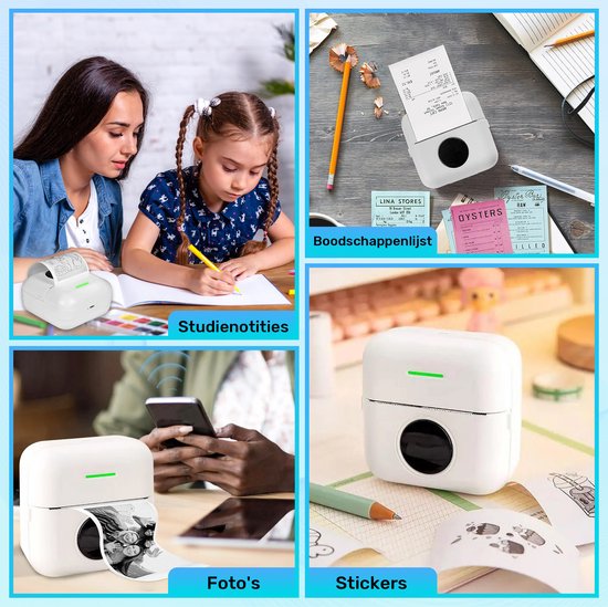 Mini Printer voor Mobiel - Incl. 6 Papierrollen, 5 Stickerrollen, 3 Kleurrollen en Kleurpennen - Mobiele Pocket Printer - Zonder Inkt - Draadloos - Wit