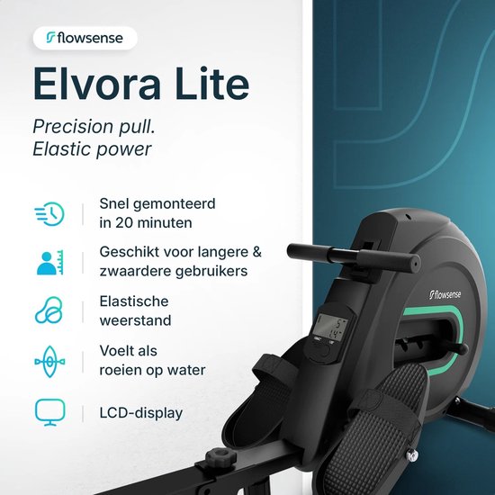Flowsense Elvora Lite Roeimachine – Inklapbaar Roeiapparaat – Elastische Weerstand – LCD Display – Stil & Compact – Voor Gebruikers tot 200 cm / 115 kg – Thuis Fitness Roeitrainer